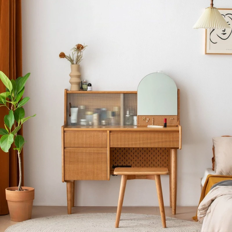 All solid wood makeup table, cherry wood dresser, Changhong glass three-drawer home desktop storage cabinet