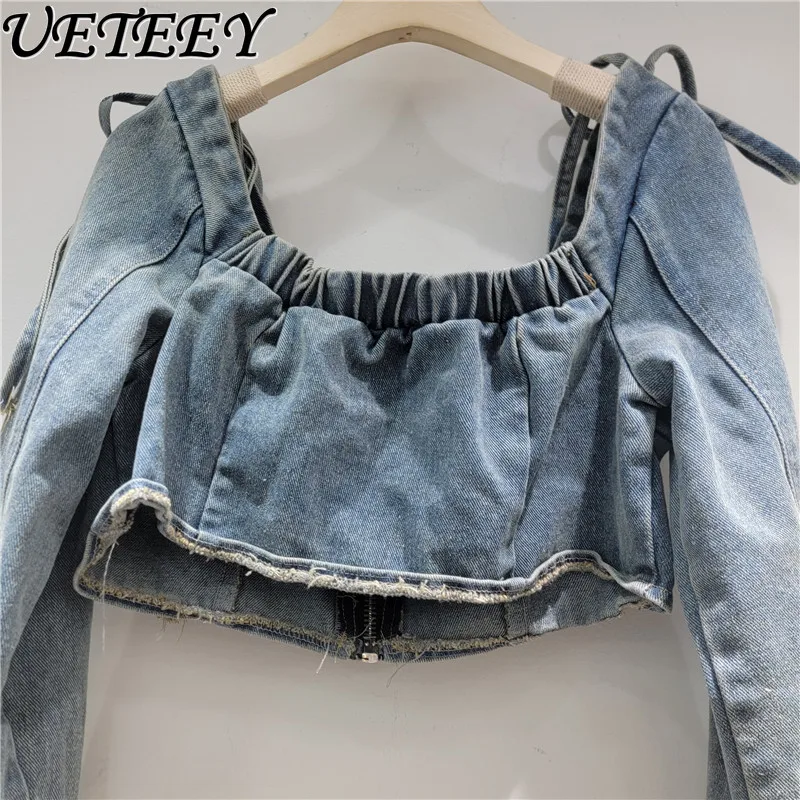 Nowa kolekcja wiosna-lato 2026: Niszowe, designerskie, dżinsowe bluzki z odkrytymi ramionami, krótkie topy, seksowne, sznurowane, dopasowane kurtki eksponujące pępek.