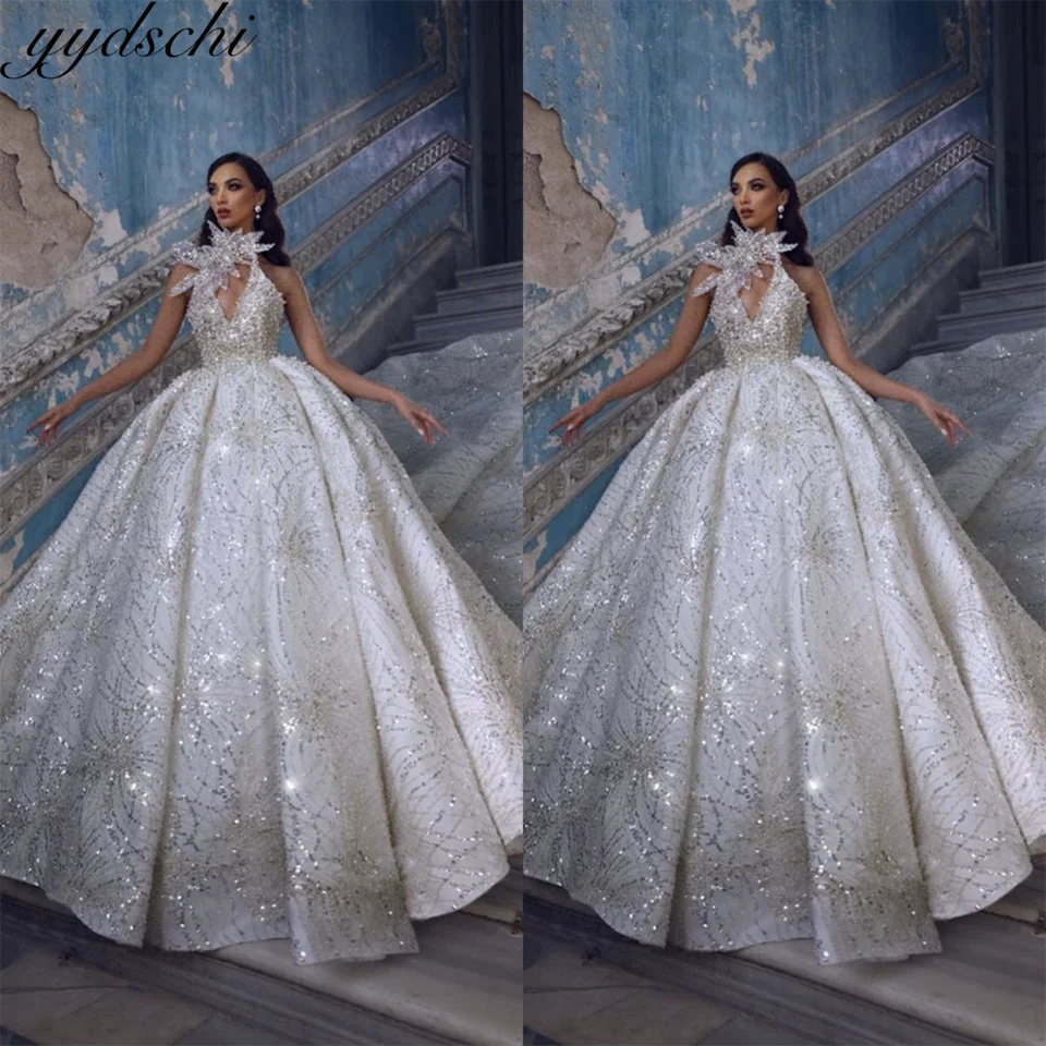 Luxury Sparkly Sequin Beaded Halter Neck Ball Gown Wedding Dresses 2024 Backless With Court Train Tulle Bridal Gown For Women