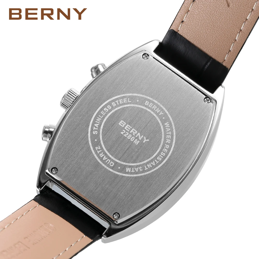 BERNY Men\'s Watch  Classic Tonneau Quartz Chronograph Watches for Men Multifunction Dial Vintage Business Dress Wristwatch