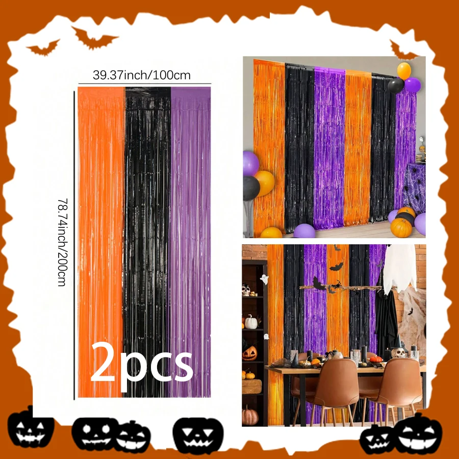 Orangefarbene, violette, schwarze Folienfransen-Vorhänge als Foto-Requisiten für Halloween-Partys, Trick-or-Treat-Partys, Tag der Toten-Partys usw. – Detail 2