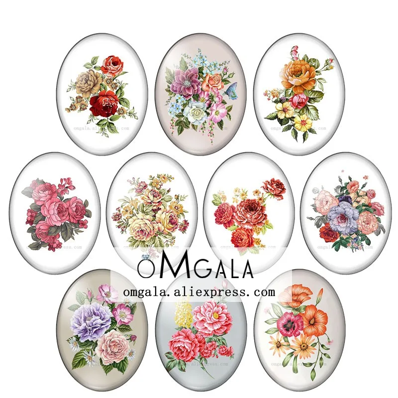 Vintage Rose Flowers Floral Illustrations 13x18mm/18x25mm/30x40mm Oval photo glass cabochon flat back Making findings