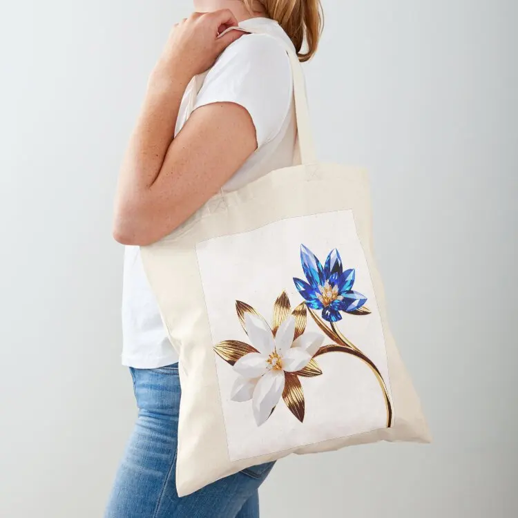 

Blue and golden flower jewellery with diamonds Tote Bag reusable shopping bag shopping cart bags university shopper bag