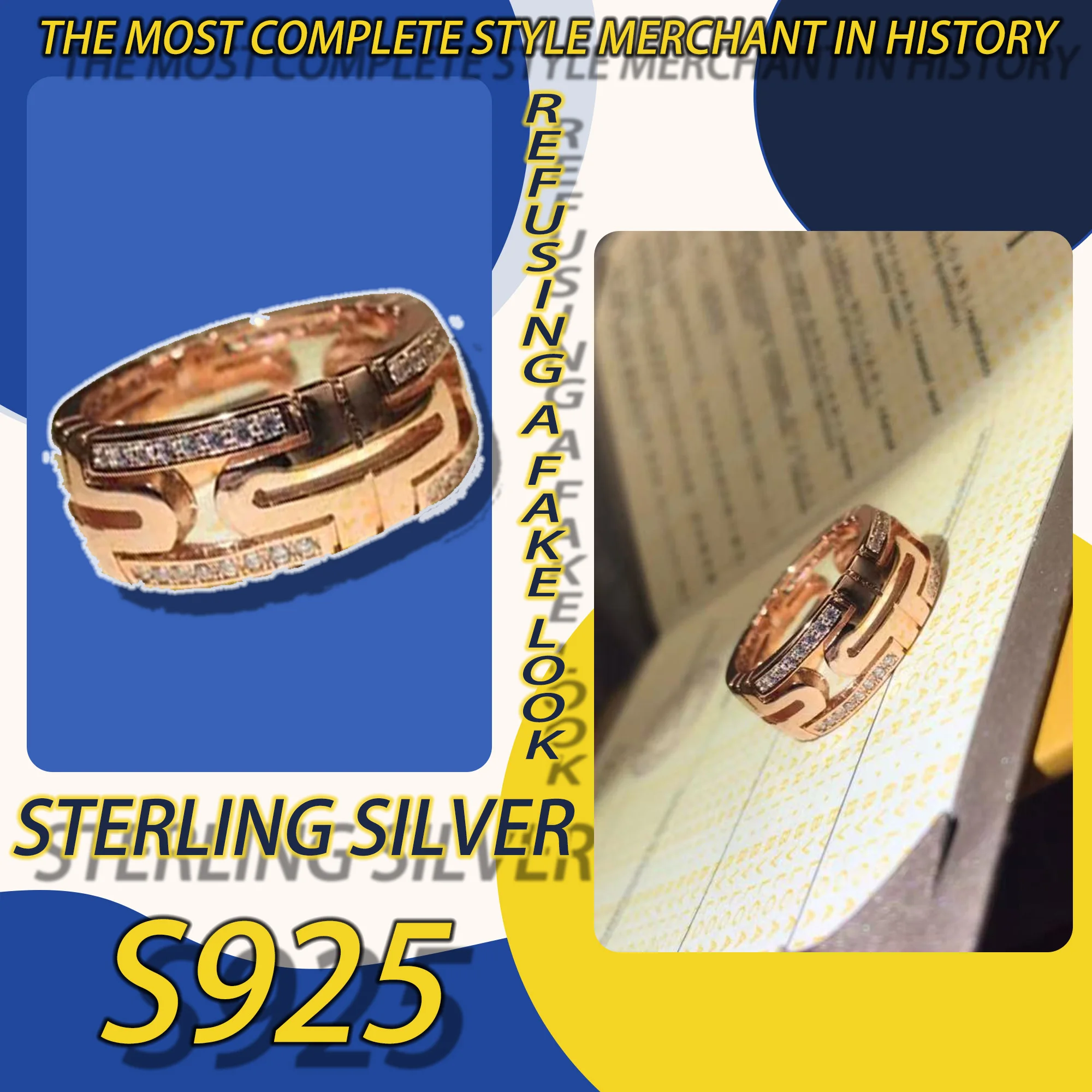 

BV Advanced Photographic Surface Diamond Set Ring Pure Silver S925 Fashion Neutral Trend Ring Commemorative Day