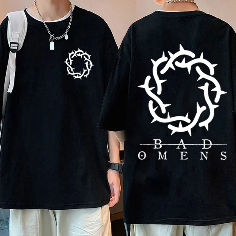 

Funny Bad Omens Band Logo Graphics Print T-shirt Men Women's Hip Hop Punk Retro T Shirt Casual Cotton High Quality Tee Shirts