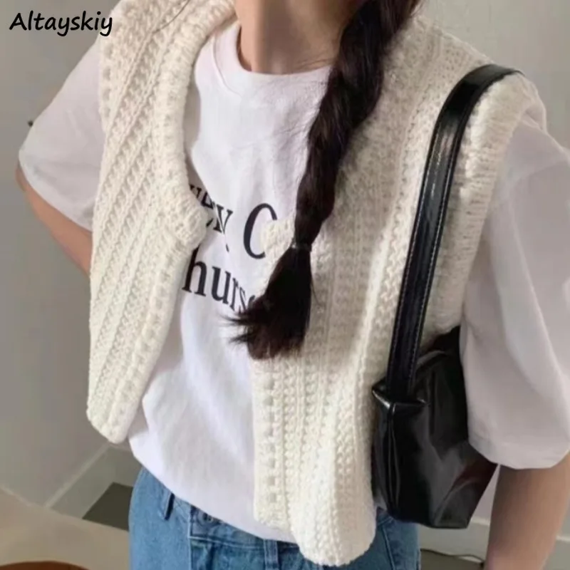 Knitted Sweater Vest for Women O-neck Korean Style O-neck Solid All-match Students Spring Autumn Ins Young Minimalist Casual