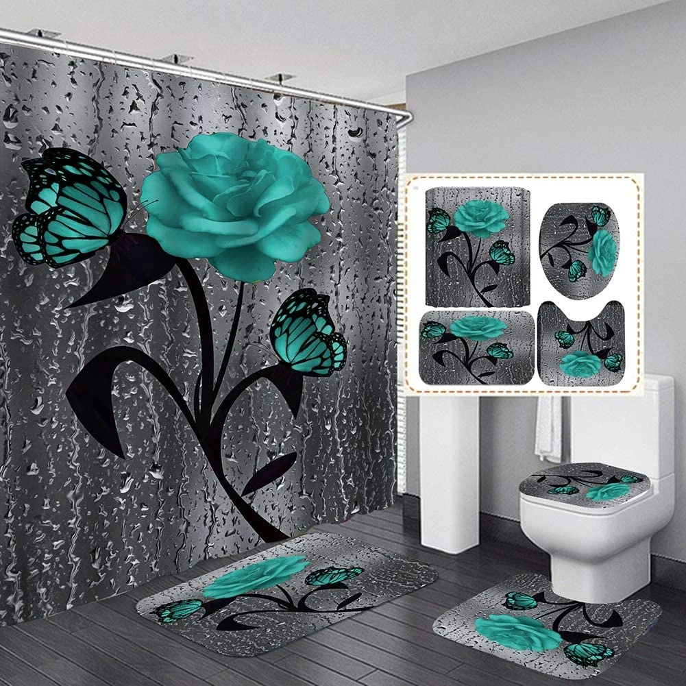 Blooming Flowers Rose Shower Curtain Set Waterproof Bath Curtain Toilet Cover Non-Slip Mat Rug Carpet Home Decor Accessories