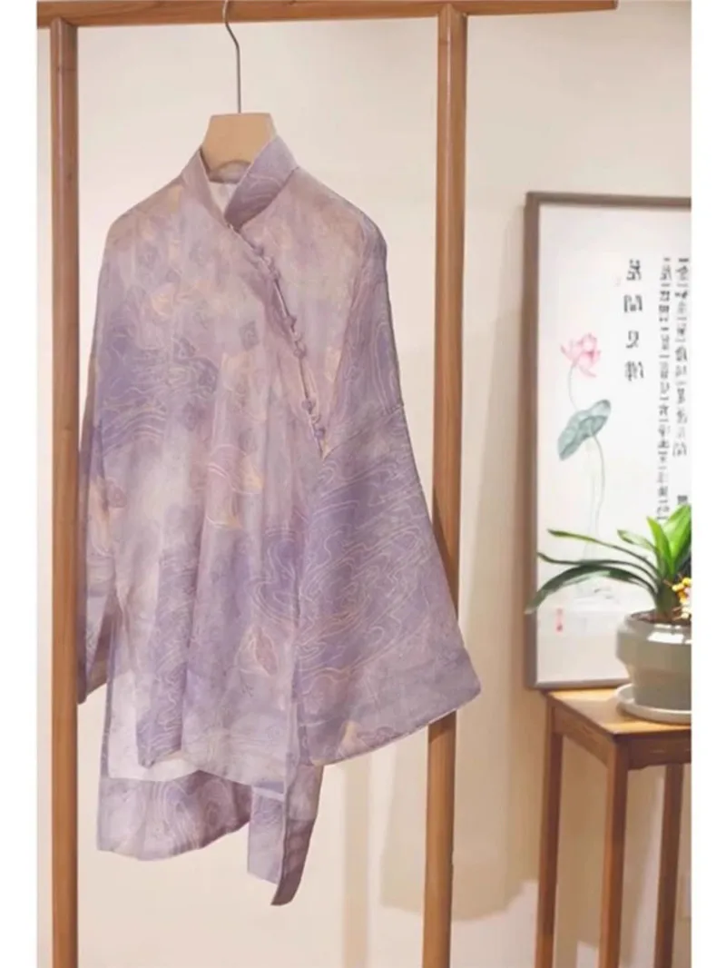 

Новинка 2023 года, летняя свободная фиолетовая блузка с цветочным принтом, женская тонкая прозрачная длинная рубашка в китайском стиле, женские топы на пуговицах в виде лягушки
