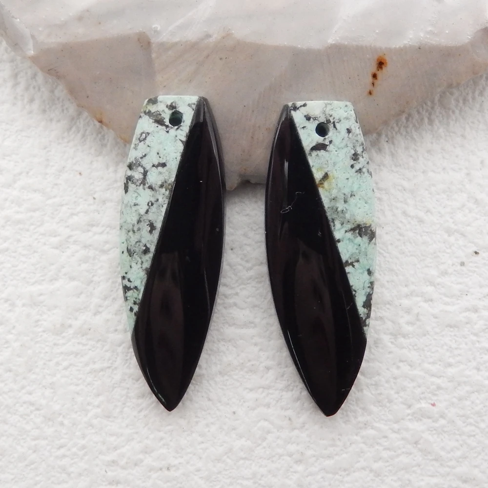 Natural Gemstone African Turquoise and Obsidian Marquise Intarsia Earrings for Women, Gemstone Earrings Beads for Jewelry Making