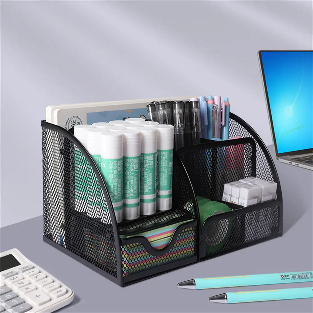 Desktop Storage Box Metal Mesh Square Storage Rack Pencil Pen Holder Large Capacity Stationery Organizer School Office Supplies