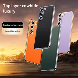 Genuine Cowhide Leather Phone Case for Samsung Galaxy S25 S24 S23 Ultra S22 Plus S21 Note 20 Plating Shockproof Protection Cover