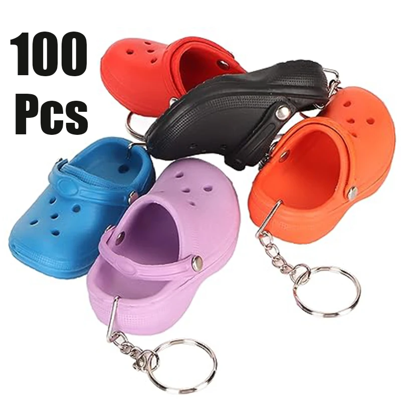 100Pcs Multi-Colored Mini Simulation Clog Sandal Keychains Small Hole Shoe Pendant Car Key Holder Backpack Hanging Accessories
