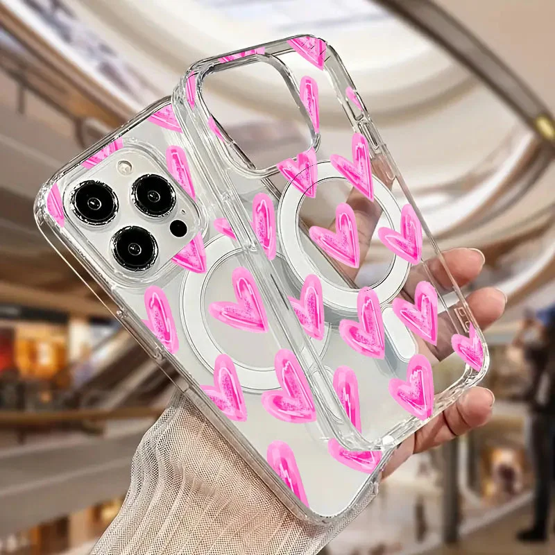 Casing Pengisi Daya Nirkabel Bening untuk Samsung Galaxy S25 S24 Ultra S23 S22 Plus S21 FE Sampul Ponsel Cetak Hati Cinta Kecil Merah Anggur