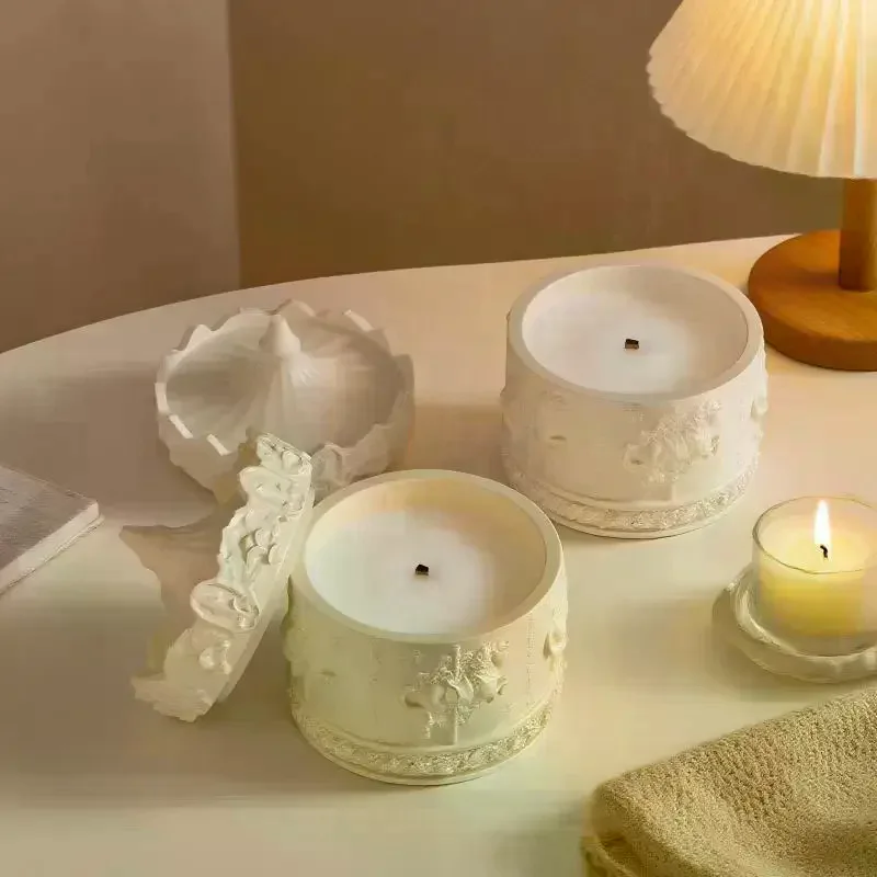 Round Carousel Concrete Candle Cup Aromatherapy Gypsum Storage Box Silicone Mold Plaster Crafts Home Decoration Resin Jar Mould - view 3