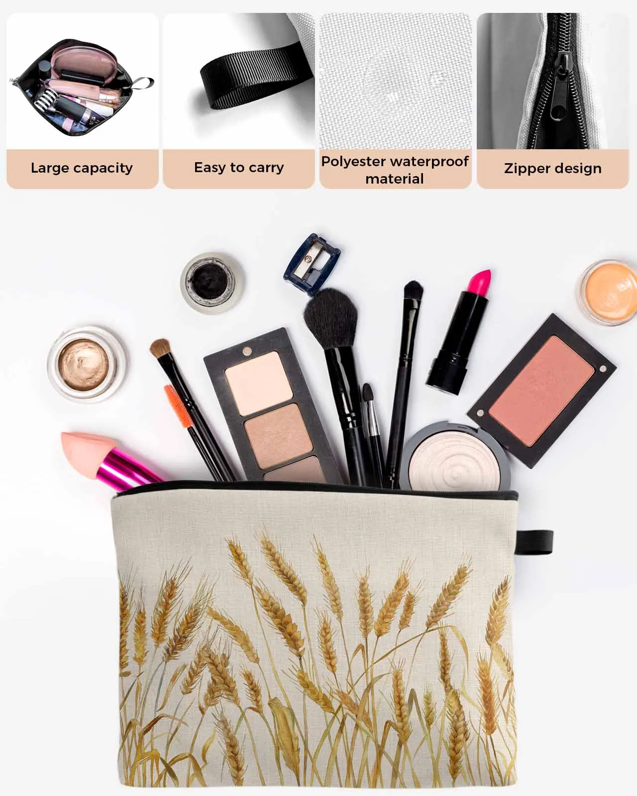 Wheat Vintage Watercolor Women Portable Storage Bag Pouch Napkin Cosmetic Bags Organizer Ladies Makeup Bag