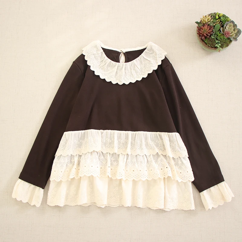 Sweet Mori Girl Ruffled Collar Embroidery Patchwork Cotton Shirts Women Japanese Multi Layer Hem Long Sleeve Casual Loose Tops