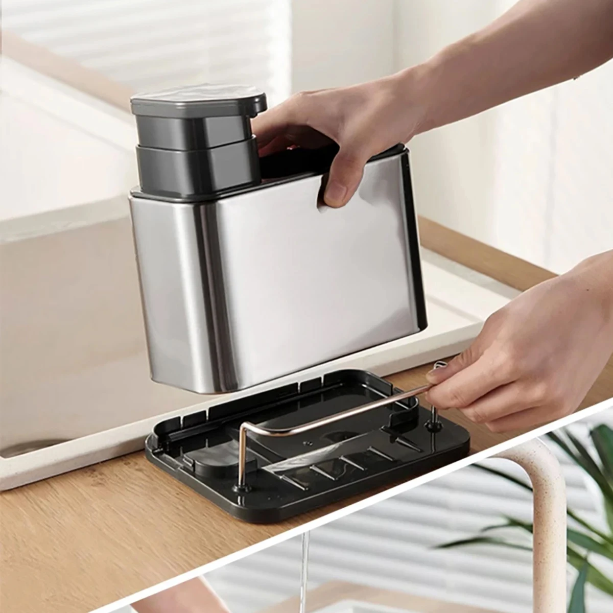 3-in-1 الفولاذ المقاوم للصدأ المطبخ موزع الصابون الإسفنج حامل أدوات المائدة المنظم تخزين بالوعة صينية غير قابل للصدأ تجفيف الرف