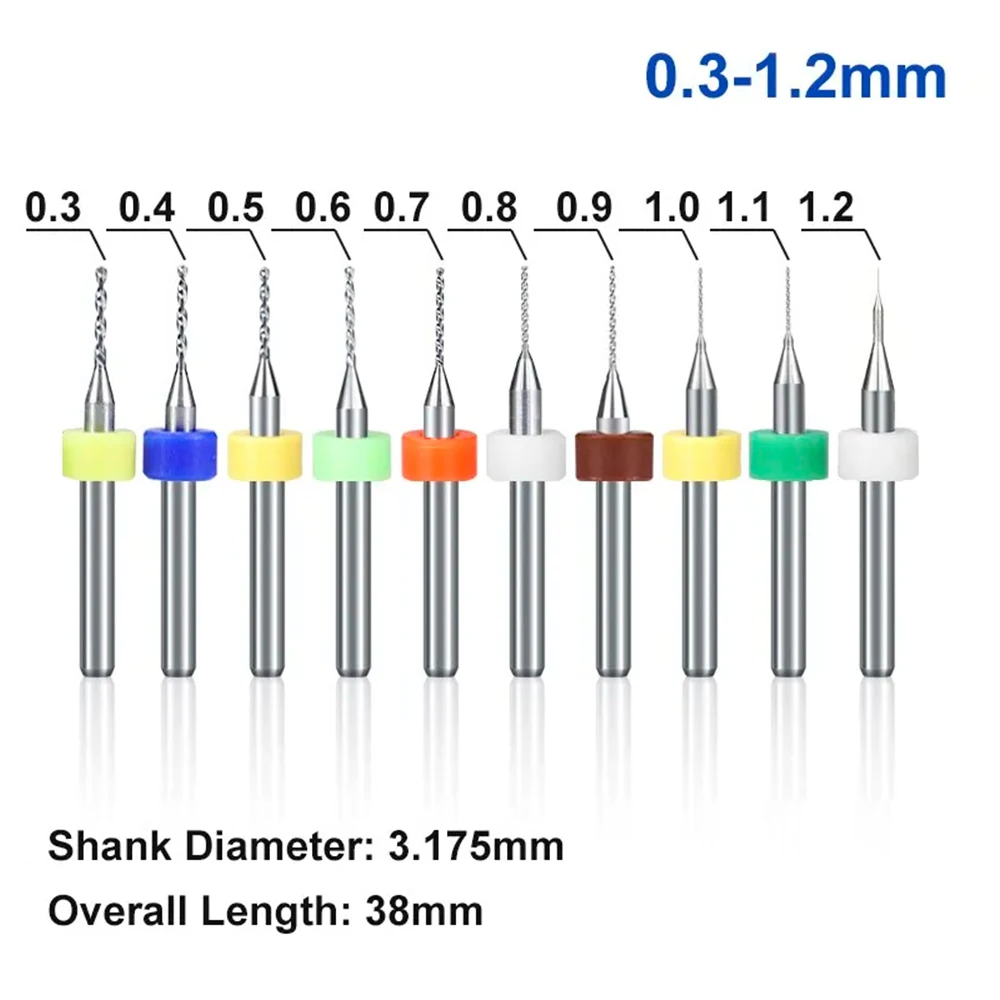 10-Piece Mini CNC PCB Drill Bit Set Carbide Gun Drill Bits (0.1-1.2mm) with 1/8'' Shank for Hole Drilling LK-AA70