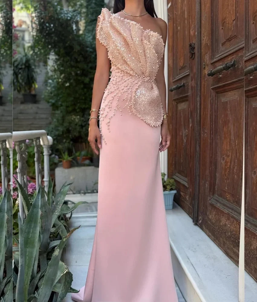 

Customized Luxury Mermaid Sequined Beading Pearls Evening Dress High Quality One Shoulder Sleeveless Floor Length Party Gowns
