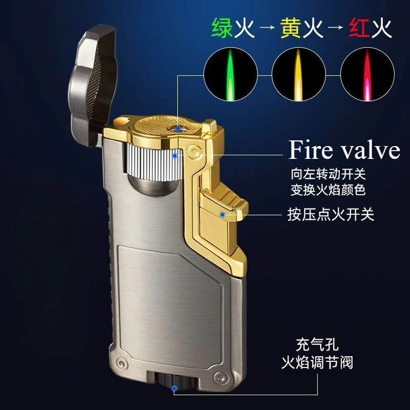

High End Tri Color Flame Metal Inflatable Windproof Lighter for Business Men As A Gift for Friends Cigarette Accessories