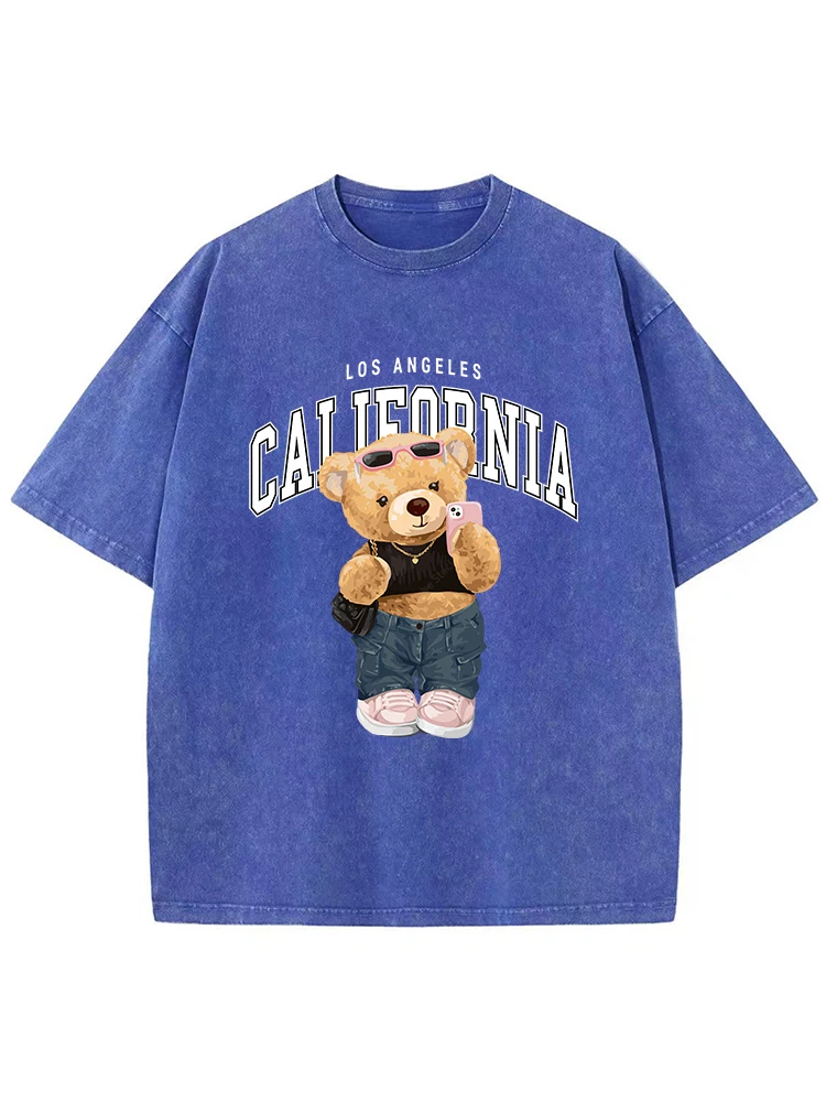 男性用の小さなクマのプリントTシャツ,通気性のあるTシャツ,色あせた服,カジュアルファッション,ストリートウェア,クール,夏