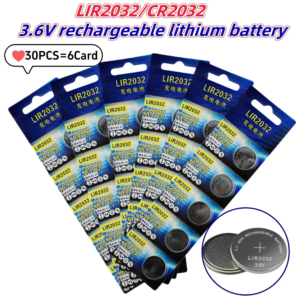 2-30 pièces LIR2032 batterie Rechargeable pratique 2032 charge au Lithium peut remplacer 3.6v 40mAH CR2032 pour les montres pile bouton