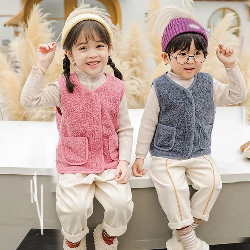 Children\'s Winter Baby Lamb Velvet Vest Keep Warm Coat Boys Girls Waistcoat Autumn Clothes Fashion Candy Colors Kids Outerwear