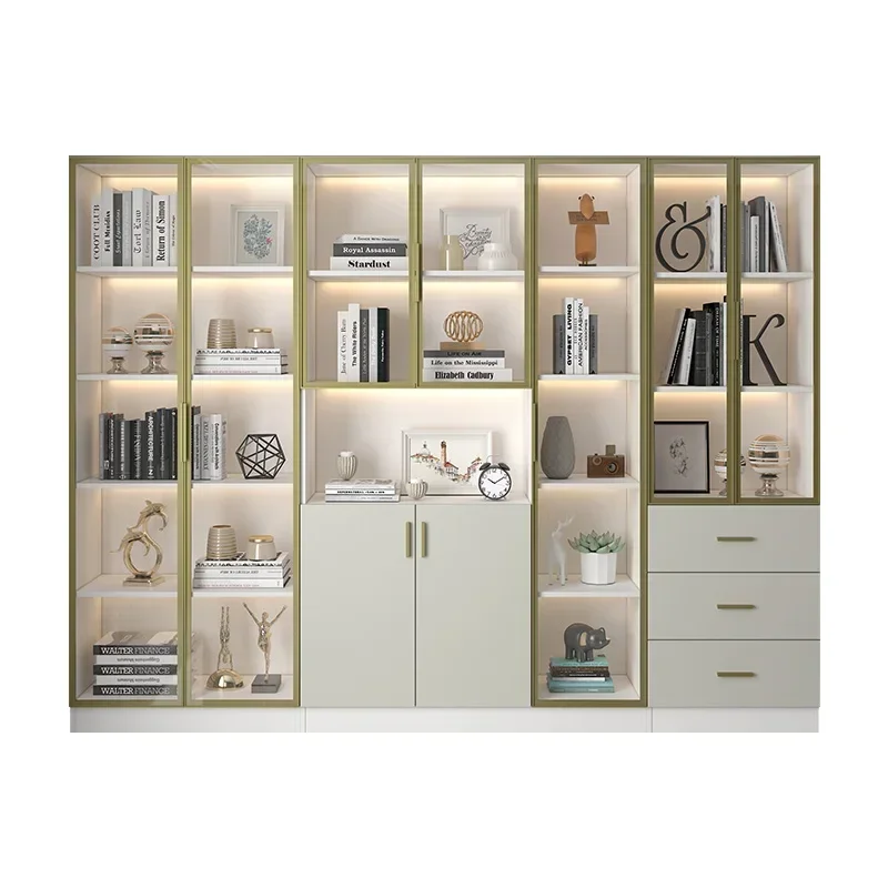 

Solid wood Nordic light luxury glass door bookcase display cabinet floor-to-ceiling storage cabinet against the wall