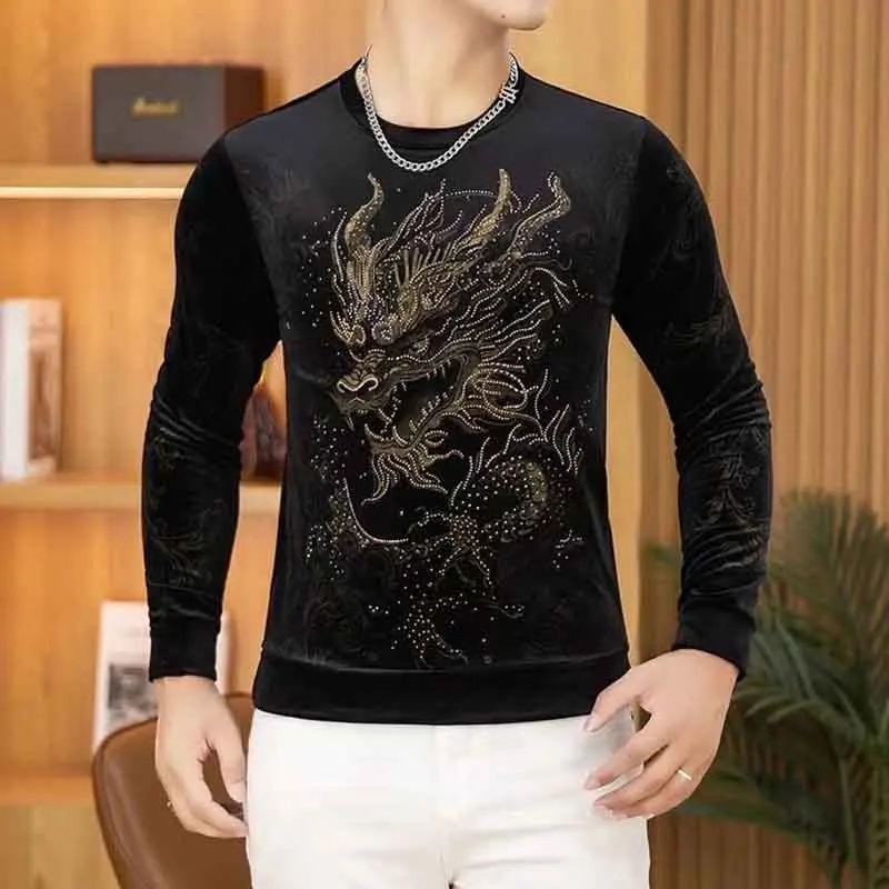 European Men's Autumn New Hot Diamond Dragon Sweatshirt Fashion Long Sleeve T-Shirt Round Neck Undershirt