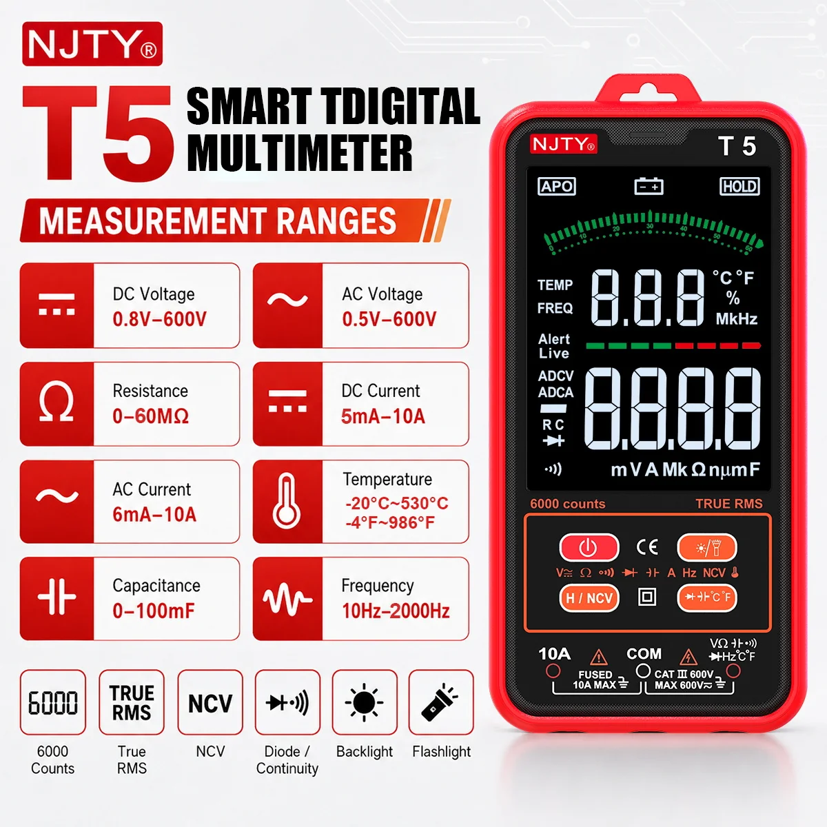 T5 Smart Digital-Multimeter mit Farbdisplay, 6000 Zählungen, True RMS, automatische Bereichswahl, AC/DC-Spannung, Strom, Widerstand, NCV, Temperaturmessgerät – Detail 1