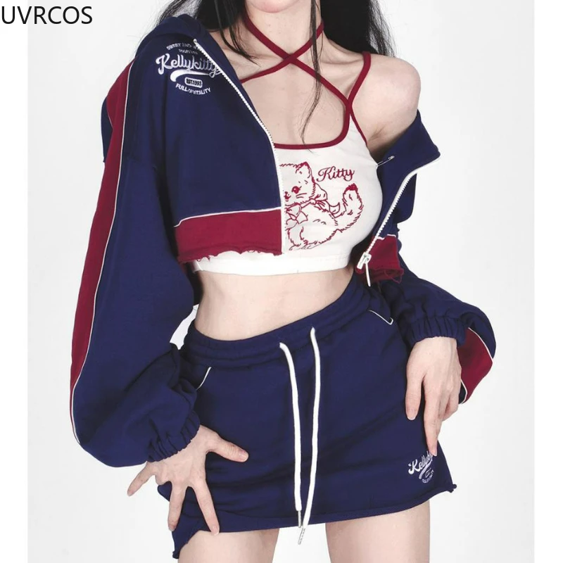 Autumn Sport Fashion 3 Piece Set Casual Print Vest Gothic Crop Tops Coat Slim Bodycon Mini Skirt Japanese Style Y2k Clothes Suit