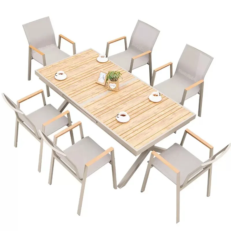 Outdoor leisure tables and chairs courtyard stretch table villa garden plastic wood dining table and chairs