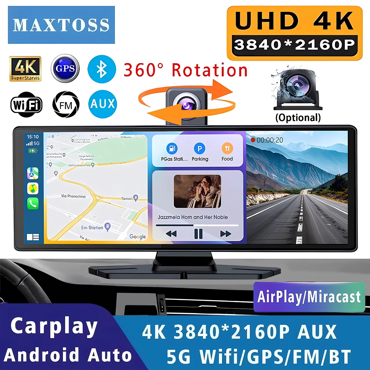 

Видеорегистратор 4K 2160P с CarPlay, Android Auto, GPS, 5G Wi-Fi, FM, Bluetooth, 360-градусный обзор ° Видеорегистратор для грузовиков с двумя поворотными камерами