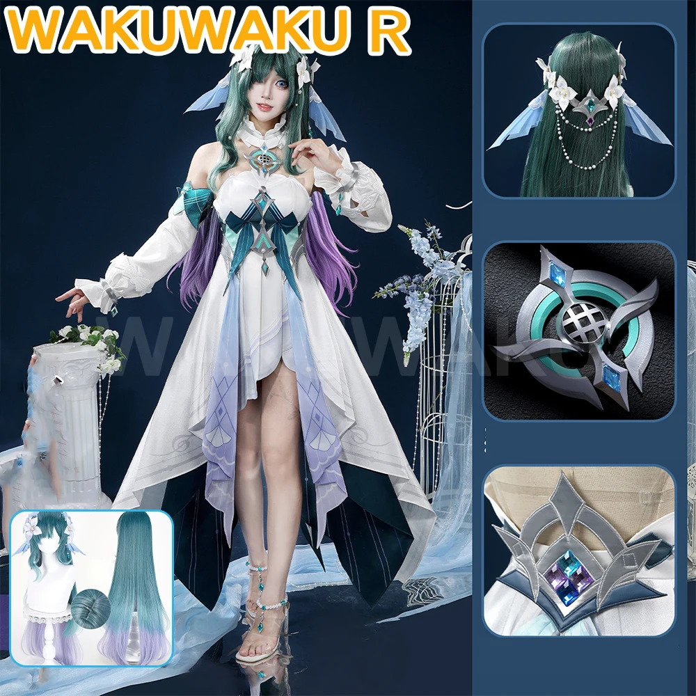 Vodyanitsa Kostüm Cosplay Spiel Genshin Impact【XS-2XL】WakuWaku-R Damen Snezhnaya Kleid Halloween Cosplay Perücke Übergröße