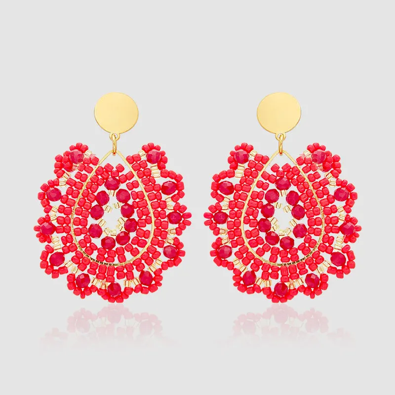 البوهيمي الأحمر قطرة الماء كريستال مطرز الأقراط، المنسوجة يدويا تصميم الدانتيل جوفاء، العصرية الإناث بسيطة سبيكة الأرز حبة المجوهرات