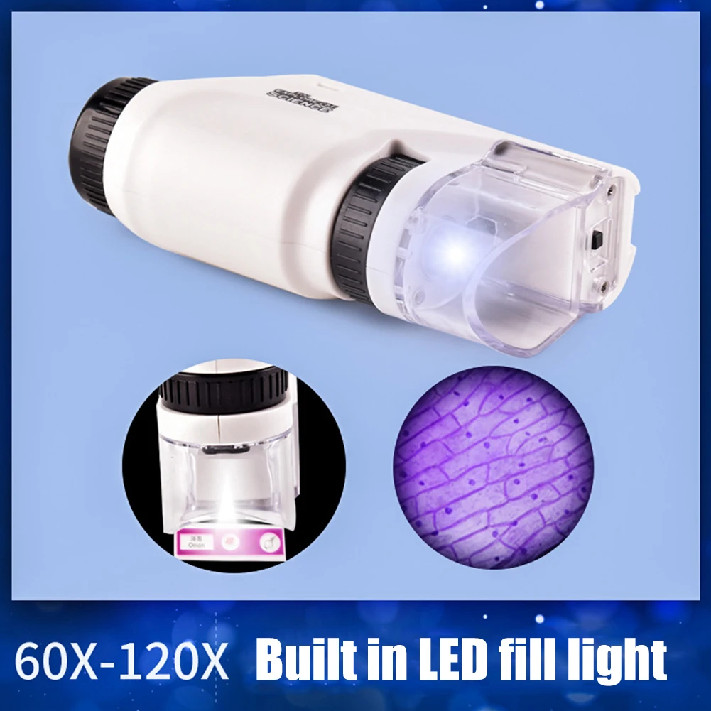 Imagem -05 - Mini Bolso Handheld Microscópio Kit Alimentado por Pilhas Ciência Biológica Led Lab Light 60x120x Ciência Biológica
