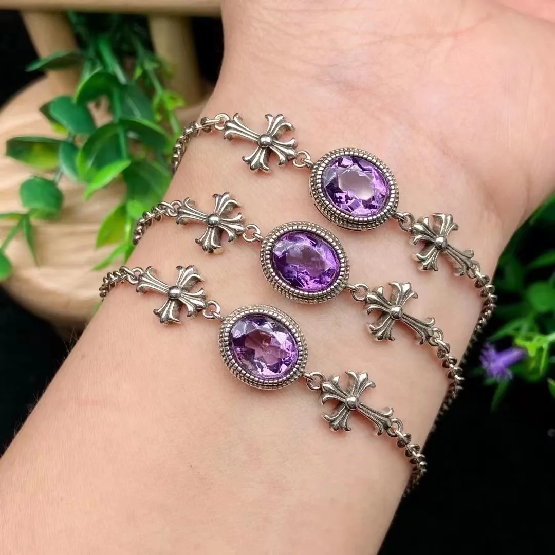 Amethyst FLAT OVAL faceted chain bracelet vintage FPPJ wholesale  nature 20cm