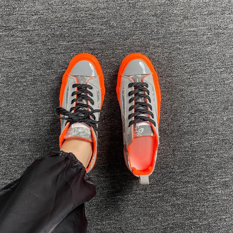 Oversized Grey and Orange Contrast Guochao Monogram Plimsolls Wide-Toe Thick-Soled Streetwear Casual Athletic Shoes Unisex