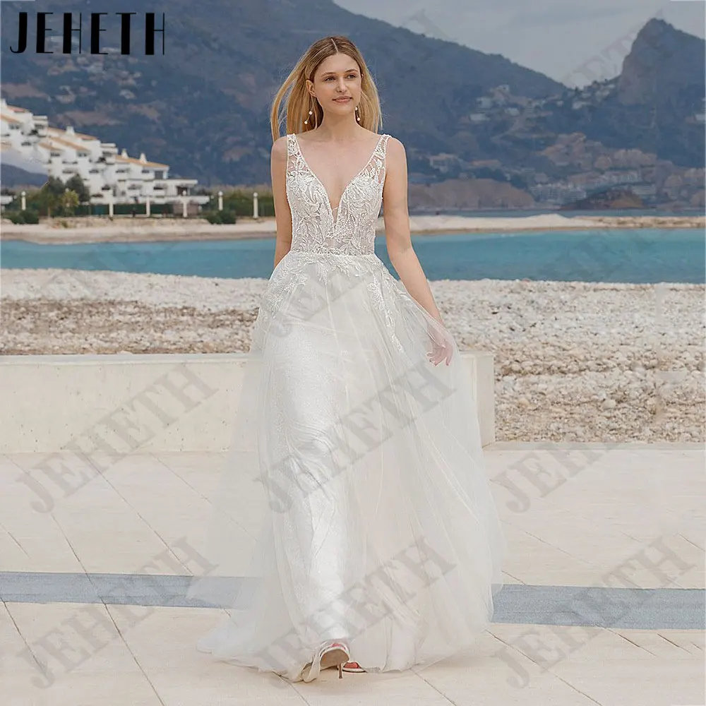 JEHETH Appliques Deep V-Neck Wedding Dresses A-Line Sleeveless Backless Bride Gown Button Tulle robes de mariée 2024 Custom Made