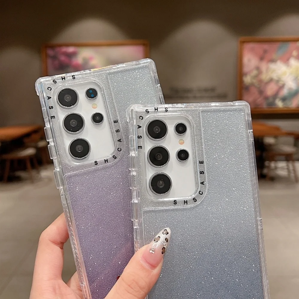 3 in 1 Clear Gradient Glitter Case Samsung Galaxy S25 S24 S23 S22 Ultra Plus S23 FE A54 A34 A25 A24 A15 Full Logo Protect Cover