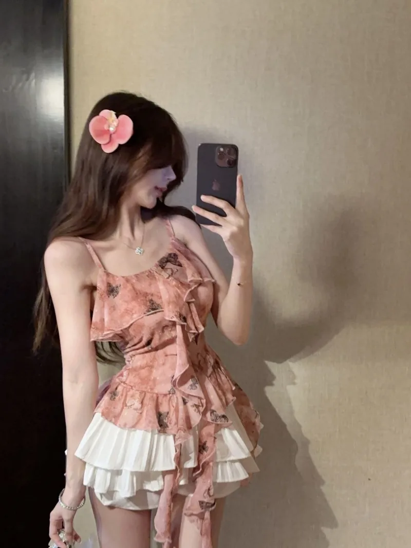 Spicy Girl Bow Print Camisole Top Women Ribbon Ruffled Edge Collarbone Sleeveless Slim Sweet Fashion Summer Chic Lady Gentle Top