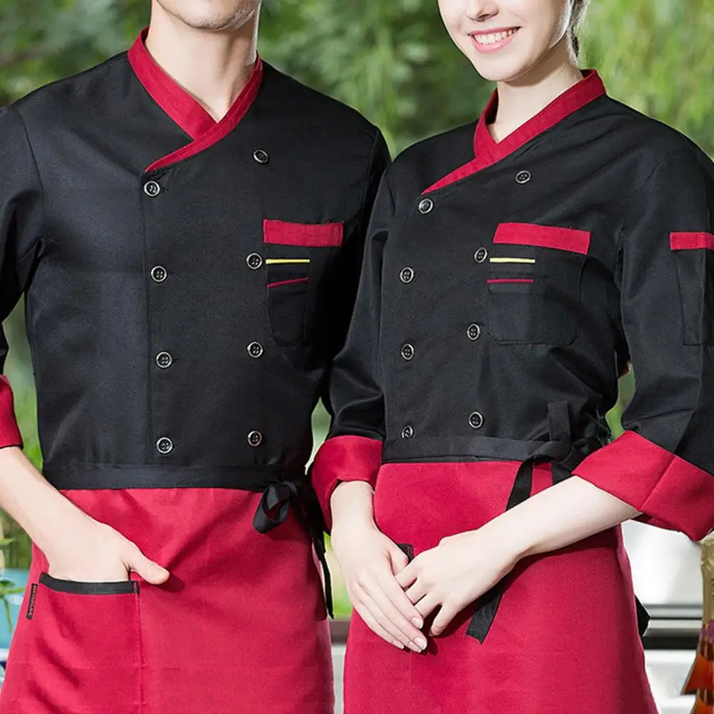 Cucina uniforme da cucina colletto alla coreana camicia da cuoco maniche lunghe Unisex contrasto colore Catering uniforme da cucina ristorante Chef Top