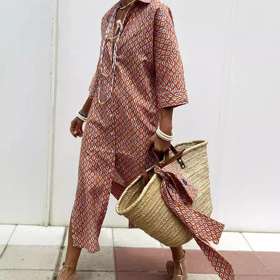 Gestreepte split-shirtjurk met halve mouwen, losse jurk, hoge taille, zomermode