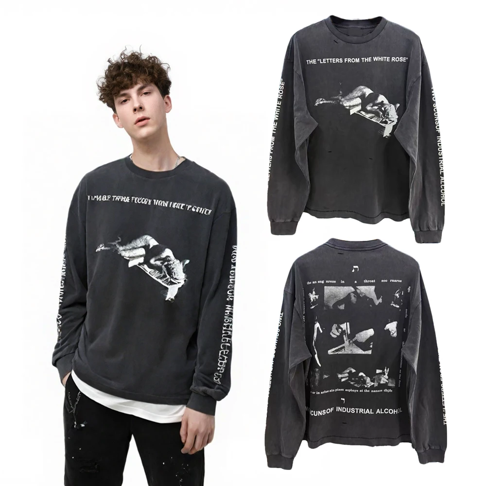 Y2k Streetwear Retro Subculture Graphic T Shirts Hip Hop Street Style Cotton Distressed Ripped Casual Clothing Full Sleeved Tees