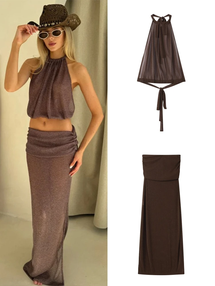 

Halter Pleat Crop Top Skirt Suits Women Glamorous Sleeveless Backless Lace Up Tops High Waist Split Long Skirts Chic Ladies Sets
