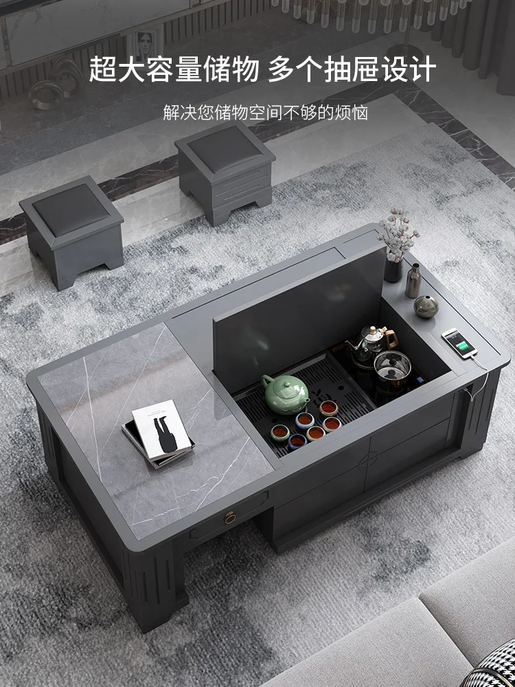 Household Kung Fu  Automatic lifting rock slab tea table Kettle integrated tray Solid wood multi-functional