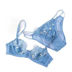 MOYISU French Sexy Half Cup Transparent Underwear Women's Ultra-thin Mood Lace Bra Set Together Big Breasts Show Small Bra