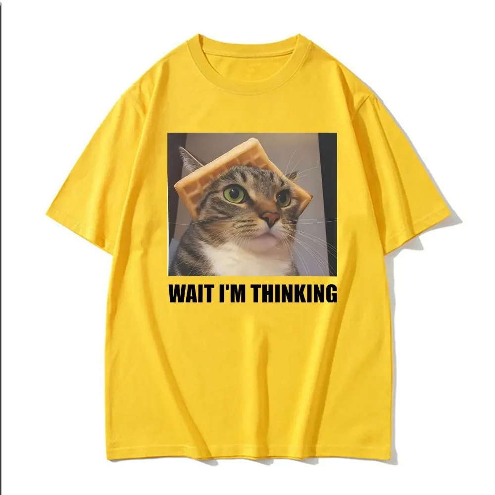 Wait L'm Thinking Funny Cat Meme Tee Women Clothing Fashion Humor Trend Top Casual Oversized Streetwear Women Pattern Print Tee