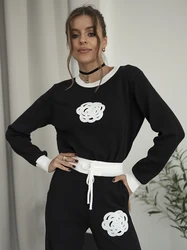 Conjunto casual de malha de duas peças para mulheres, suéter floral, malha combinando, inverno