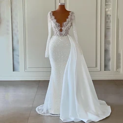 Eightre-vestidos de novia de sirena blanca, vestido de novia bohemio con lentejuelas y purpurina, cuello en V, manga larga, vestidos de fiesta de noche de boda personalizados